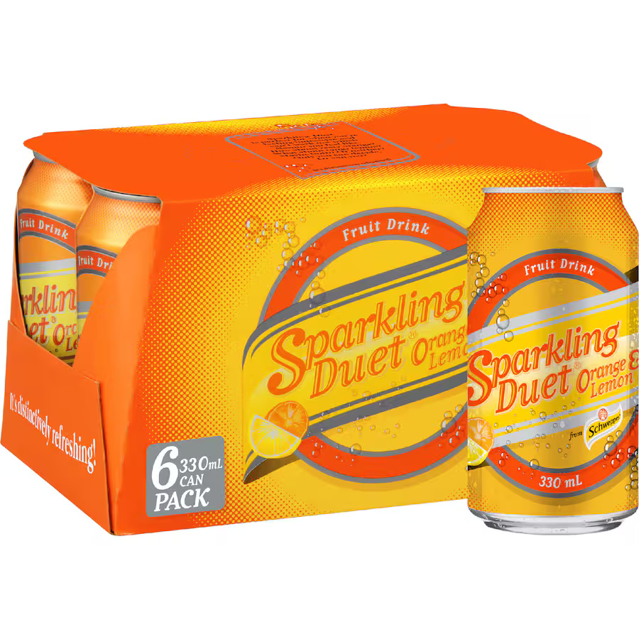 Sparkling Duet Soft Drink Orange & Lemon 330ml Cans – 6 Pack