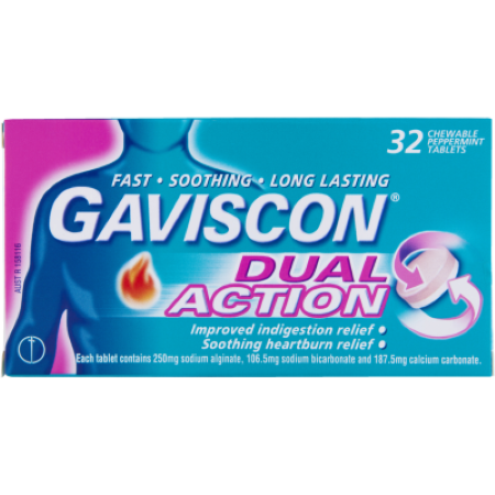 Gaviscon Dual Action Peppermint Heartburn & Indigestion Relief Chewable Tablets 32pk
