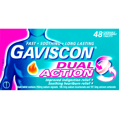 Gaviscon Dual Action Peppermint Heartburn & Indigestion Relief Chewable Tablets 48pk