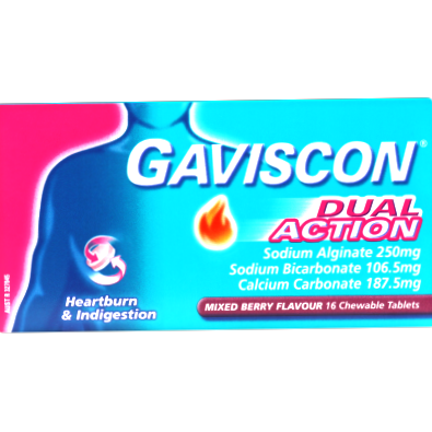 Gaviscon Dual Action Mixed Berry Heartburn & Indigestion Relief Chewable Tablets 16pk
