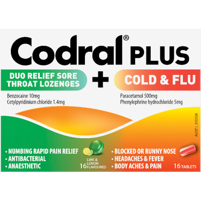 Codral Lemon & Lime Flavour Codral Plus Cold & Flu + Sore Throat Lozenges 16pk