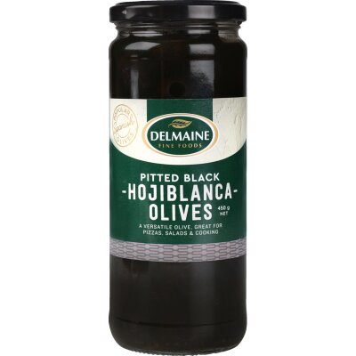 Delmaine Pitted Black Hojblanca Olives 450g