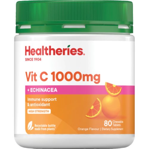 Healtheries Vit C 1000mg + Echinacea Orange Flavour Chewable Tablets 80pk
