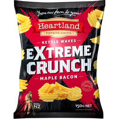 Heartland Extreme Crunch Maple Bacon Kettle Waves Potato Chips 150g