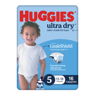 Huggies Ultra Dry Nappies For Boys Size 5 13-18kg 16pk