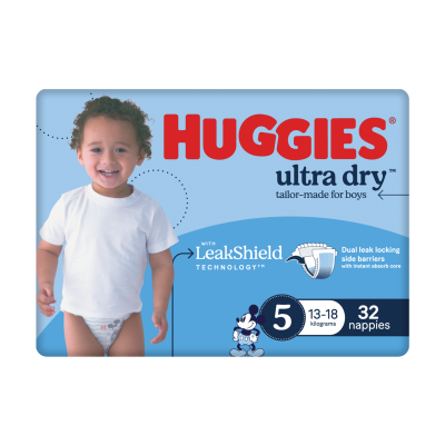 Huggies Ultra Dry Nappies For Boys Size 5 13-18kg 32pk