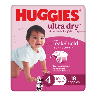 Huggies Ultra Dry Nappies For Girls Size 4 10-15kg 18pk