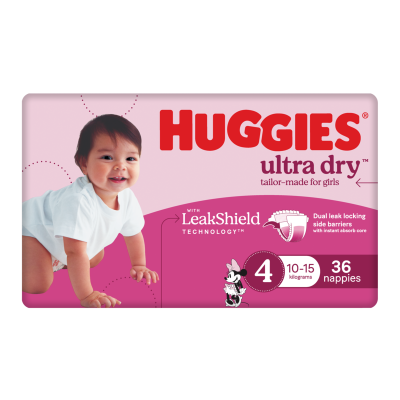 Huggies Ultra Dry Nappies For Girls Size 4 10-15kg 36pk