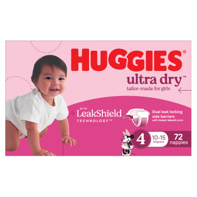 Huggies Ultra Dry Nappies For Girls Size 4 10-15kg 72pk
