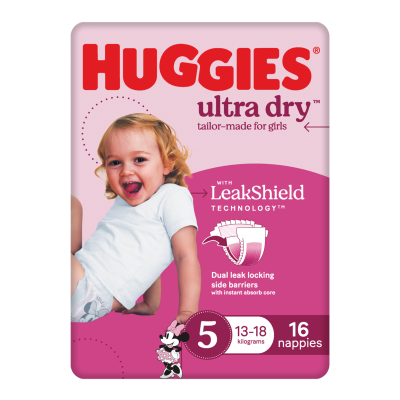 Huggies Ultra Dry Nappies For Girls Size 5 13-18kg 16pk