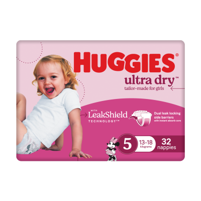 Huggies Ultra Dry Nappies For Girls Size 5 13-18kg 32pk