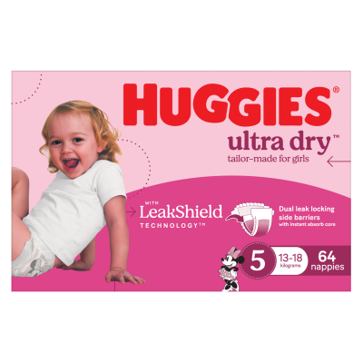 Huggies Ultra Dry Nappies For Girls Size 5 13-18kg 64pk