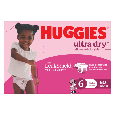 Huggies Ultra Dry Nappies For Girls Size 6 16kg+ 60pk