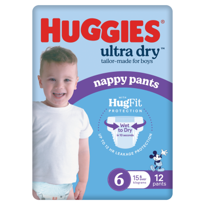 Huggies Ultra Dry Nappy Pants Junior Boy Size 6 15kg+ 12pk