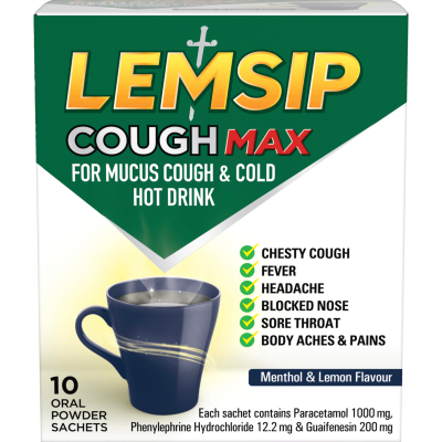 Lemsip Cough Max For Mucus Cough & Cold Menthol & Lemon Hot Drink Sachets 10pk