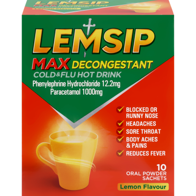 Lemsip Max Lemon Cold & Flu Decongestant Hot Drink Sachets 10pk