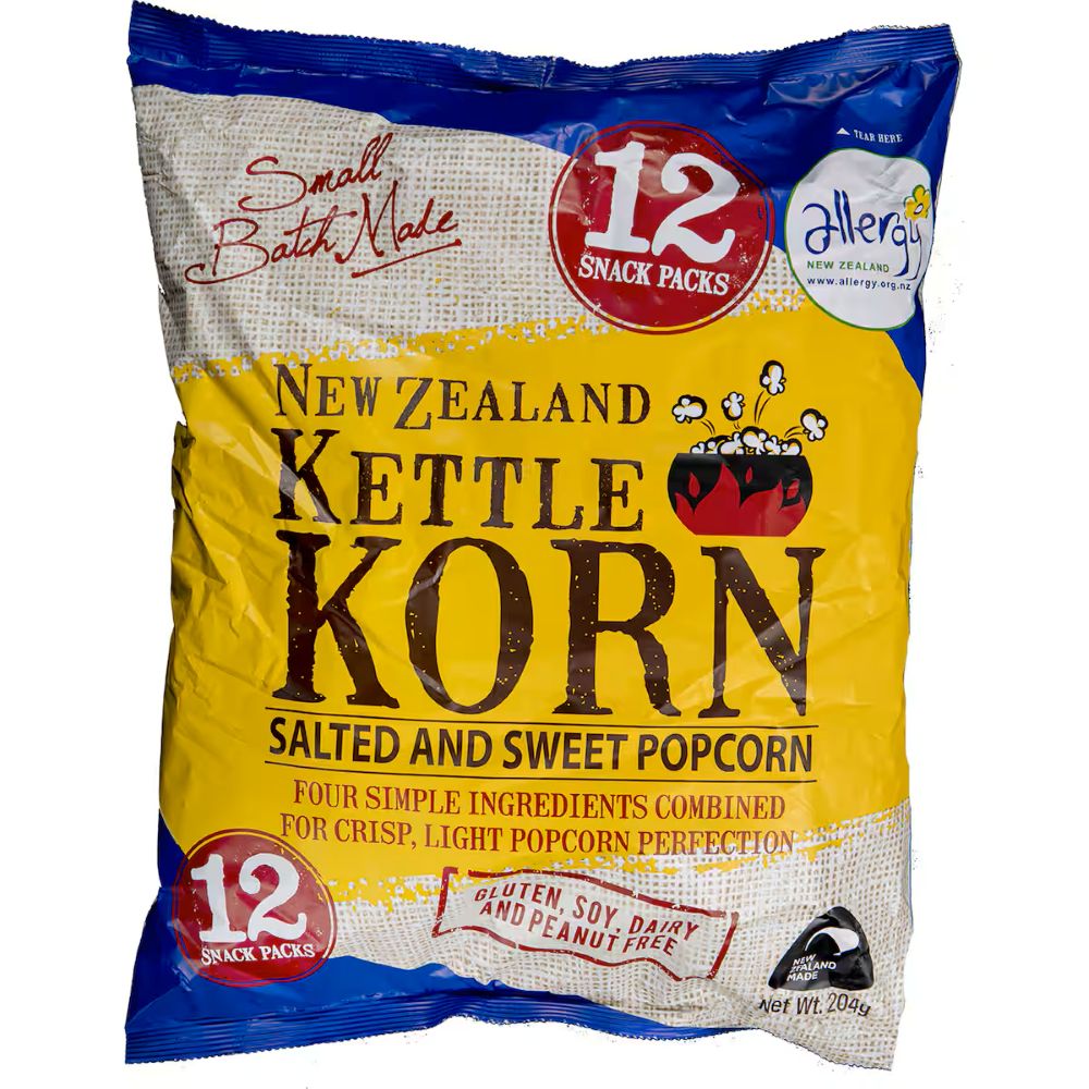 New Zealand Kettle Korn Lightly Salted, Slightly Sweet Pop Corn Snack Packs 12pk