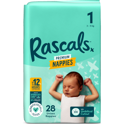 Rascals Premium Nappies Unisex Size 1 3-5kg Newborn 28pk