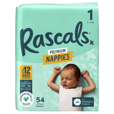 Rascals Premium Nappies Unisex Size 1 3-5kg Newborn 54pk