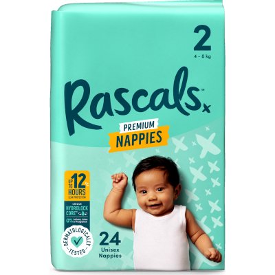 Rascals Premium Nappies Unisex Size 2 4-8kg Infant 24pk