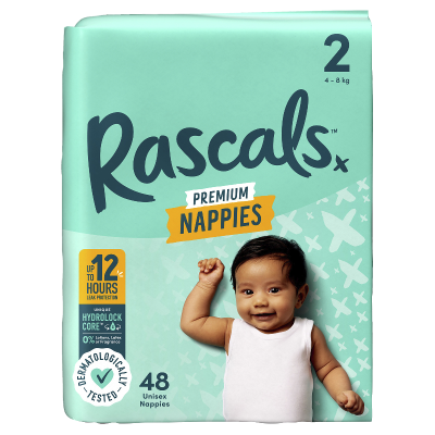 Rascals Premium Nappies Unisex Size 2 4-8kg Infant 48pk