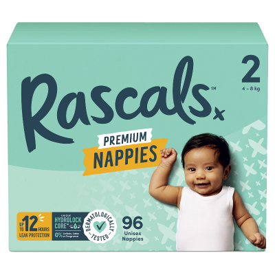 Rascals Premium Nappies Unisex Size 2 4-8kg Infant 96pk