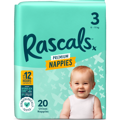 Rascals Premium Nappies Unisex Size 3 6-11kg Crawler 20pk