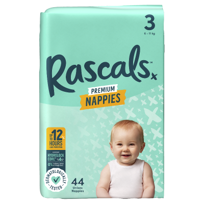 Rascals Premium Nappies Unisex Size 3 6-11kg Crawler 44pk