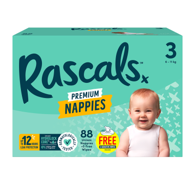 Rascals Premium Nappies Unisex Size 3 6-11kg Crawler 88pk