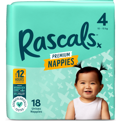Rascals Premium Nappies Unisex Size 4 10-15kg Toddler 18pk