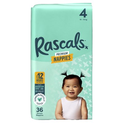 Rascals Premium Nappies Unisex Size 4 10-15kg Toddler 36pk