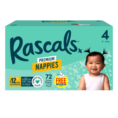 Rascals Premium Nappies Unisex Size 4 10-15kg Toddler 72pk