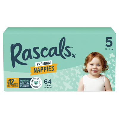 Rascals Premium Nappies Unisex Size 5 13-18kg Crawler 64pk