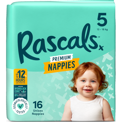 Rascals Premium Nappies Unisex Size 5 13-18kg Walker 16pk
