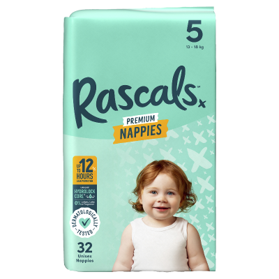 Rascals Premium Nappies Unisex Size 5 13-18kg Walker 32pk