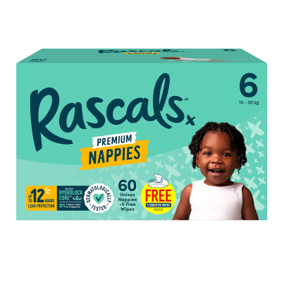 Rascals Premium Nappies Unisex Size 6 15-20kg Junior 60pk