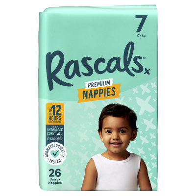 Rascals Premium Nappies Unisex Size 7 17kg+ Junior 26pk