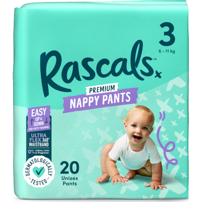 Rascals Premium Nappy Pants Unisex Size 3 6-11kg Crawler 20pk