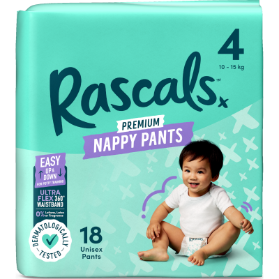 Rascals Premium Nappy Pants Unisex Size 4 10-15kg Toddler 18pk