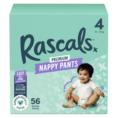 Rascals Premium Nappy Pants Unisex Size 4 10-15kg Toddler 56pk