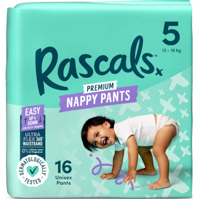 Rascals Premium Nappy Pants Unisex Size 5 13-18kg Walker 16pk