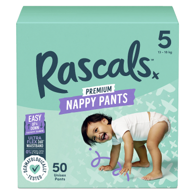 Rascals Premium Nappy Pants Unisex Size 5 13-18kg Walker 50pk