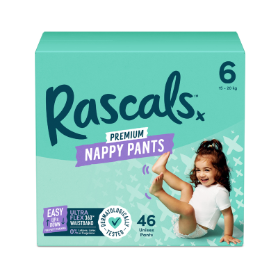 Rascals Premium Nappy Pants Unisex Size 6 15-20kg Junior 46pk