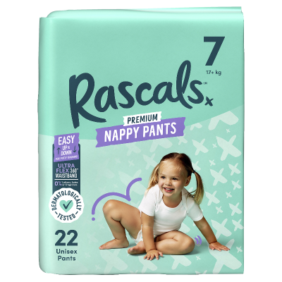 Rascals Premium Nappy Pants Unisex Size 7 17kg+ Walker 22pk
