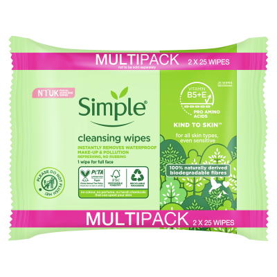 Simple Kind To Skin Biodegradable Cleansing Wipes 50pk