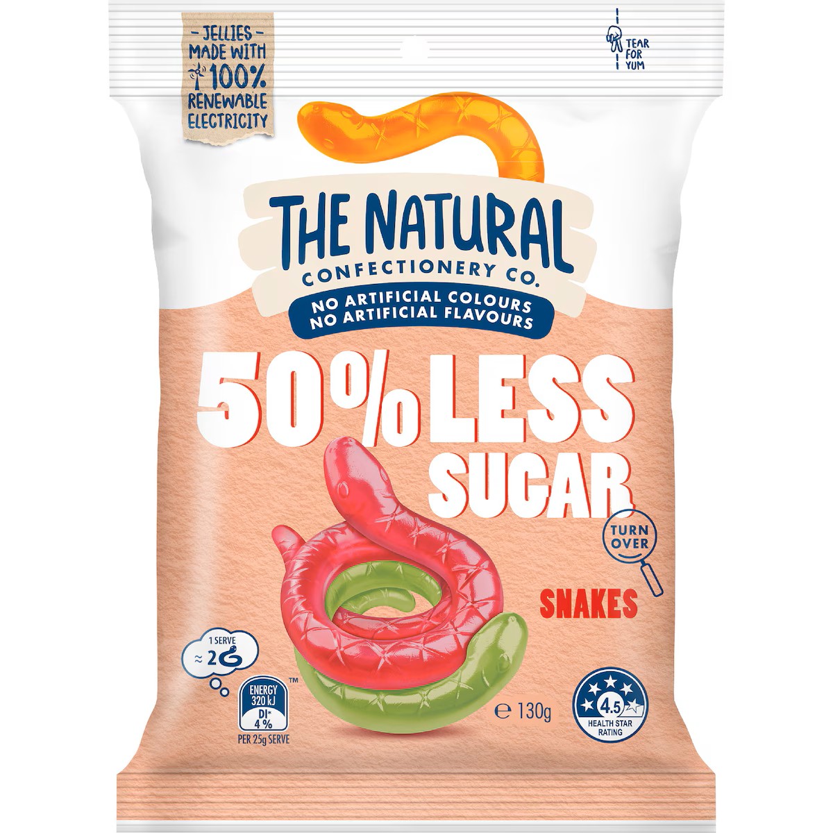 The Natural Confectionery Co. 50% Less Sugar Snakes 130g