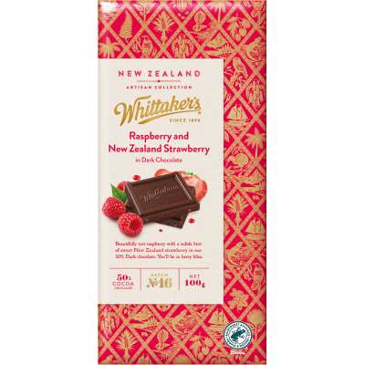Whittaker's Raspberry and New Zealand Strawberry Dark Chocolate Block 100g